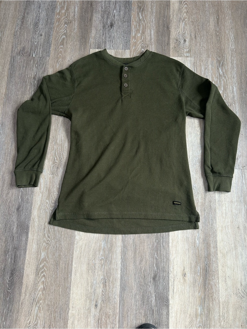 Olive Green Long Sleeve Henley Shirt Waffle Knit